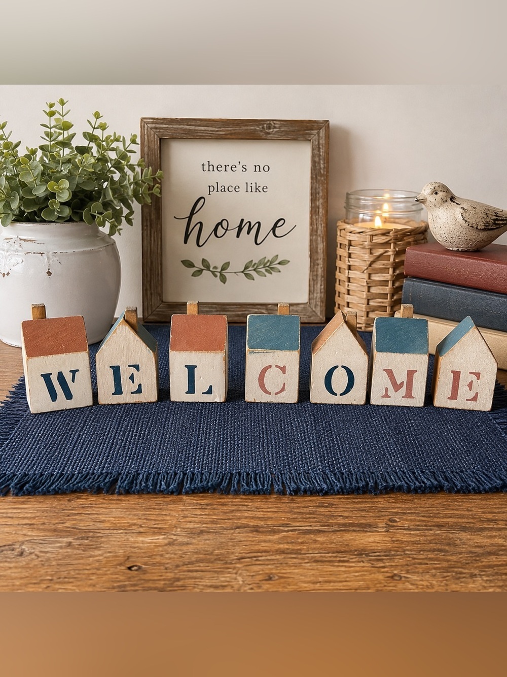 Primitive Wood WELCOME House Blocks 7pc Farmhouse Folk Art Shelf Decor Vtg 2.5"
